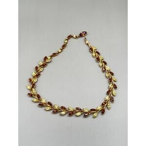 Vintage Amber & Yellow-Green Rhinestones Leaf Shape Gold Tone Necklace